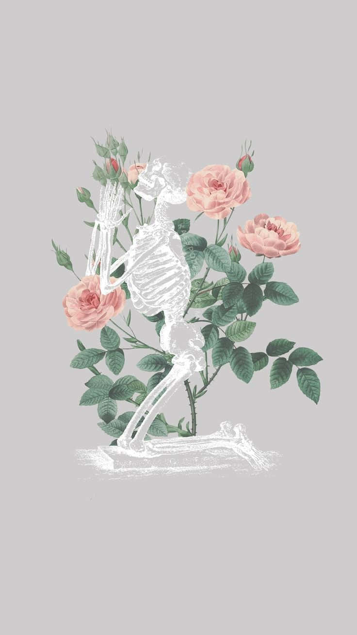 Teléfonoiphone Estético Con Imagen De Esqueleto Rezando Y Flores Fondo de pantalla