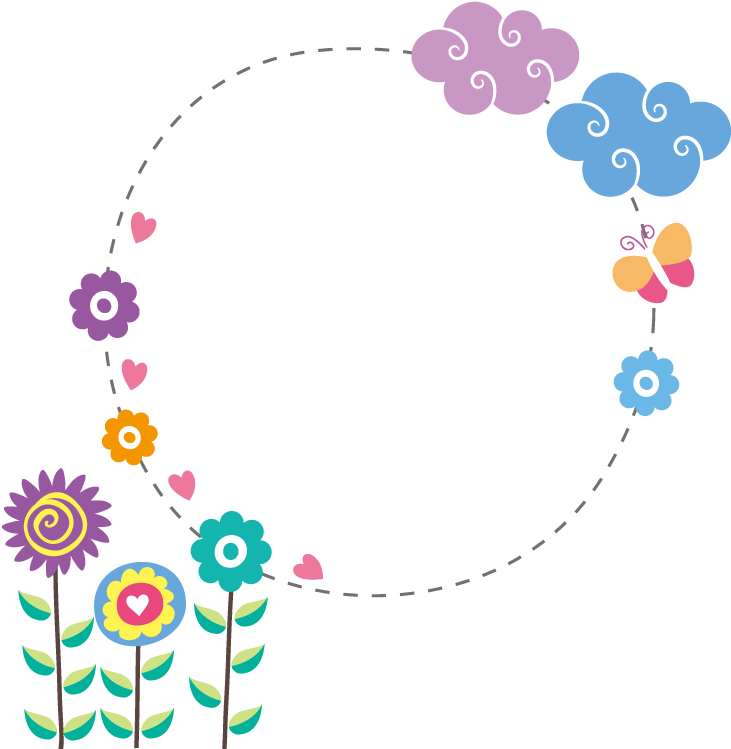 Floral_ Circle_ Border_ Vector PNG — A cheerful cartoon border with colorful flowers hearts clouds and a butterfly framing a blank white circle.