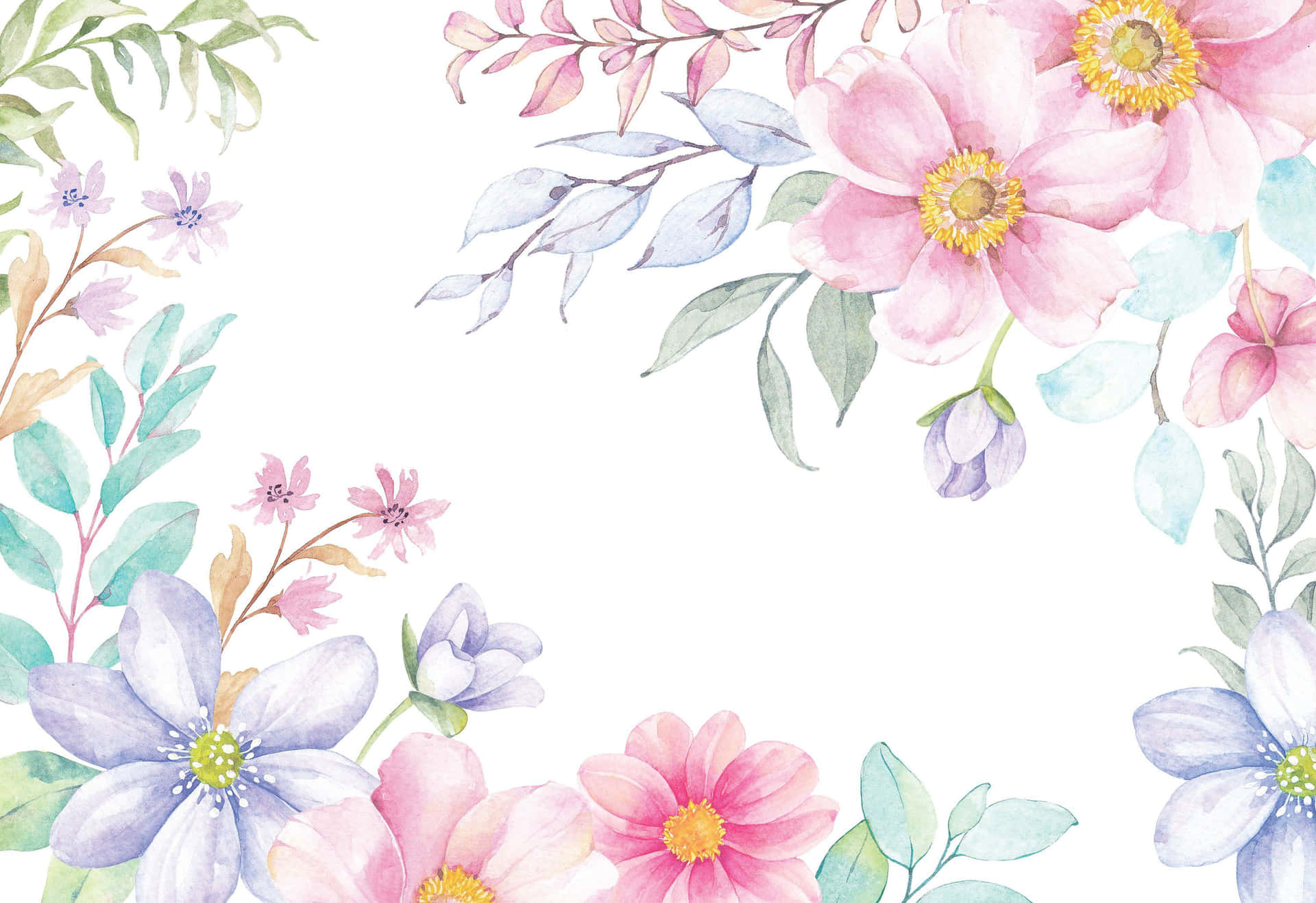 Wassermalfarbenblumenrahmen Mit Blättern Und Blumen Wallpaper
