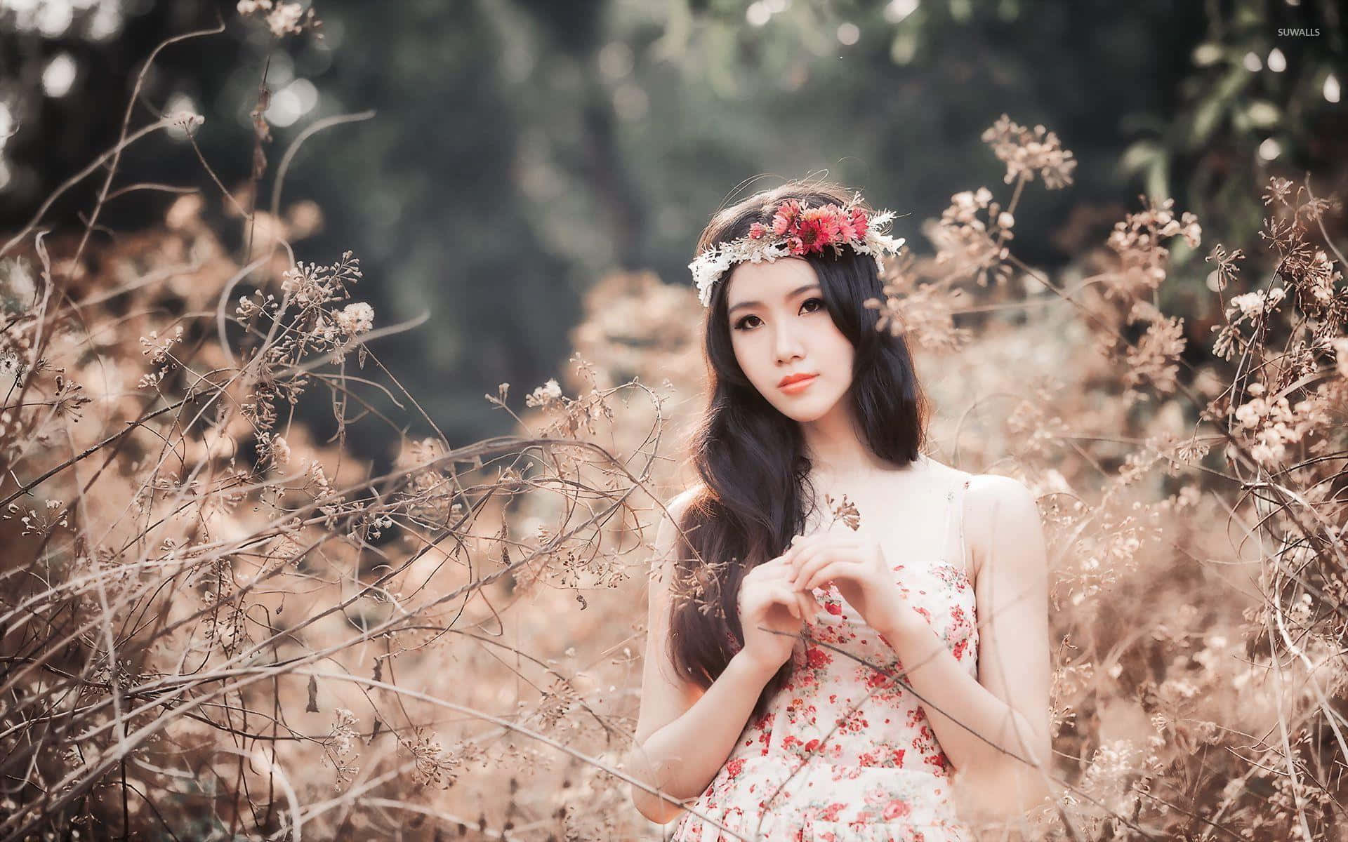 Beautiful girl wearing a vibrant floral crown Wallpaper