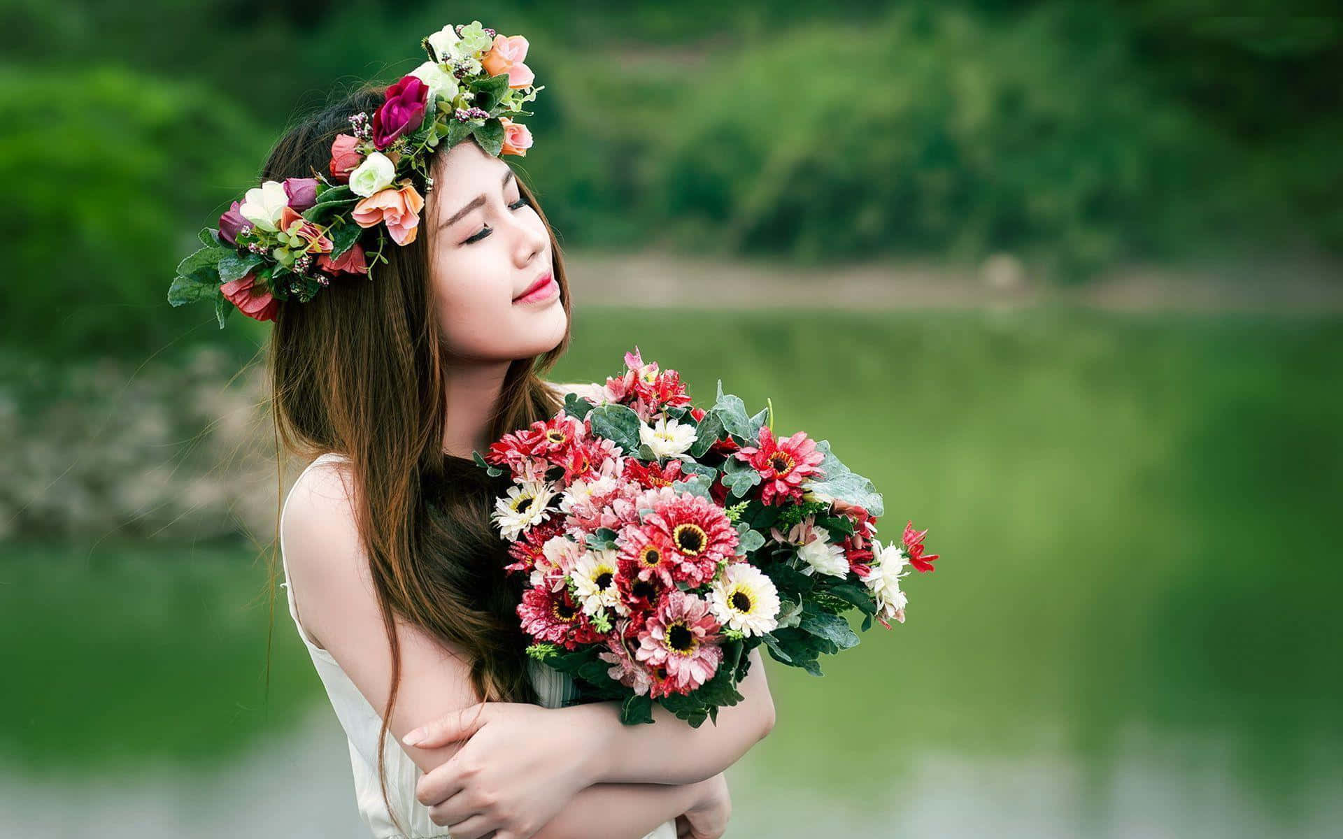 Beautiful Woman Wearing a Stunning Floral Crown Wallpaper