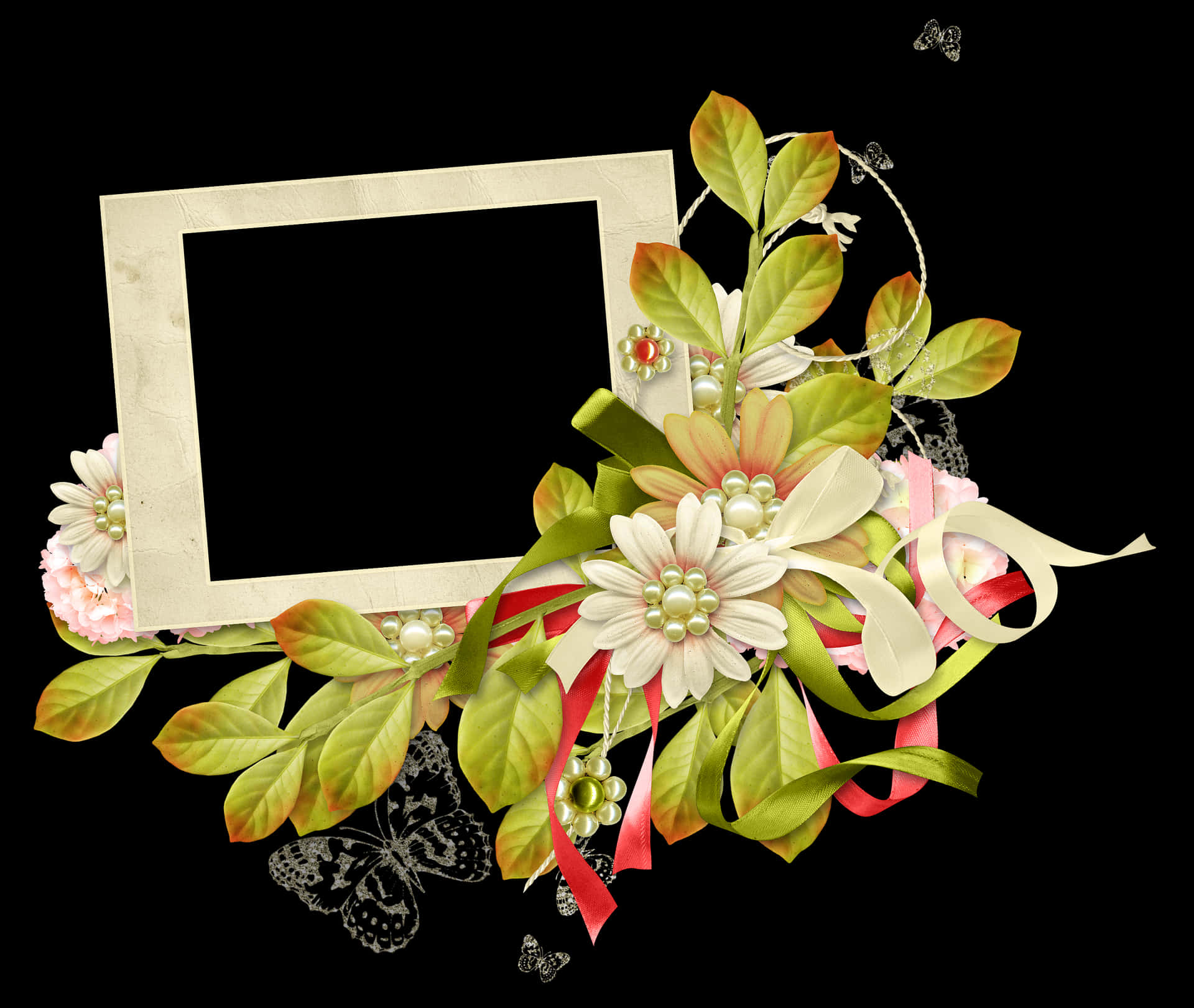 Floral Decorated Frameon Black Background PNG