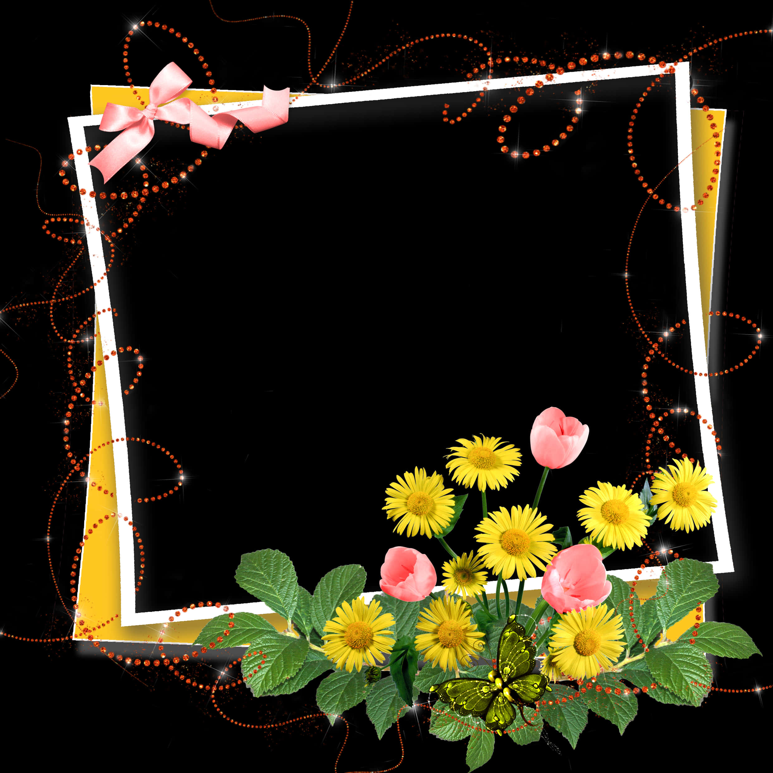 Floral Decorated Framewith Ribbon PNG