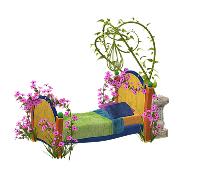 Floral Fantasy Bed Illustration PNG