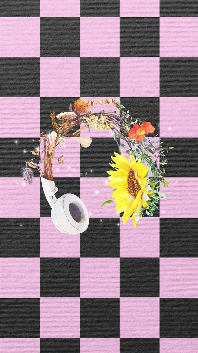 Floral Headphoneson Checkered Background Wallpaper