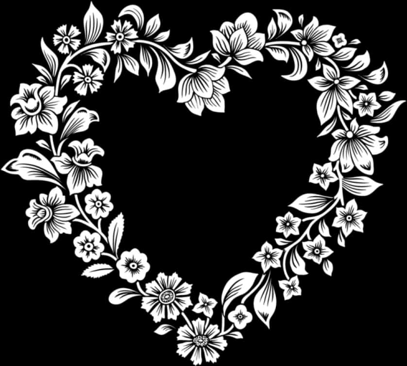 Floral Heart Outline Black Background PNG