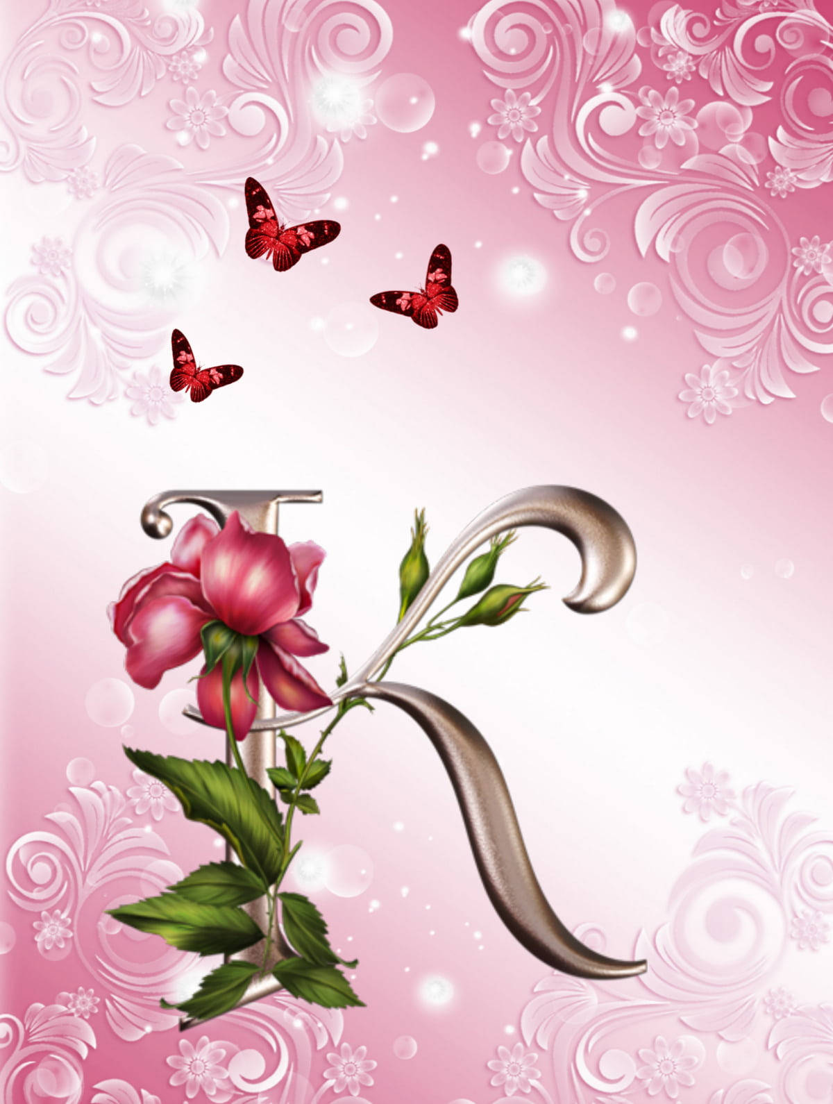 Floral K Alphabet With Butterflies Background