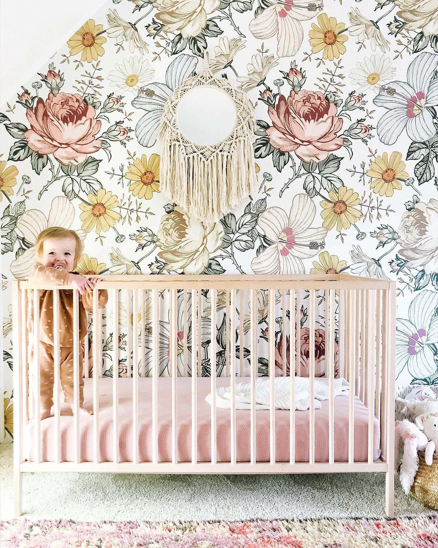 Floral Nurserywith Happy Toddler Wallpaper