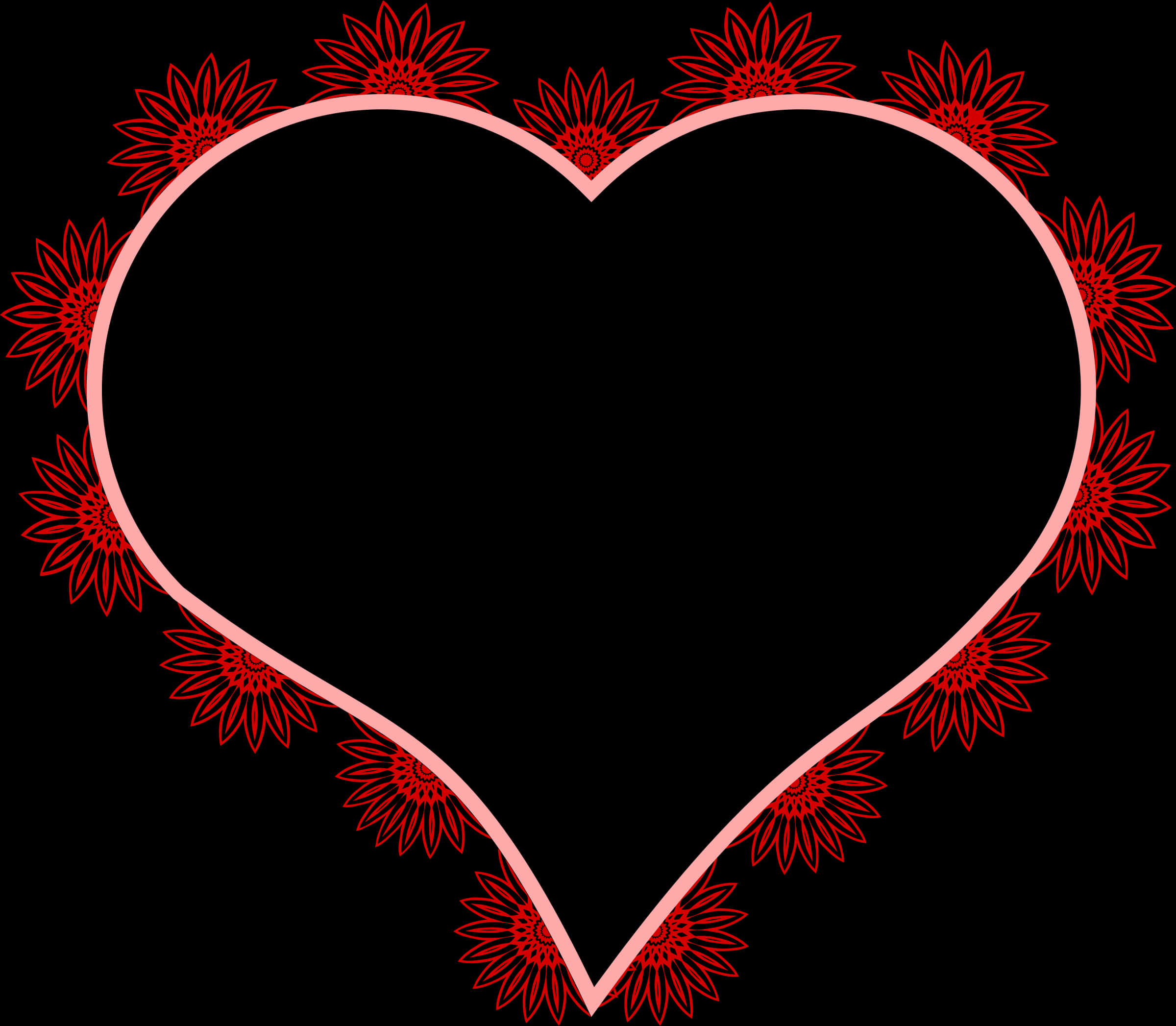 Floral Outlined Hearton Black Background PNG