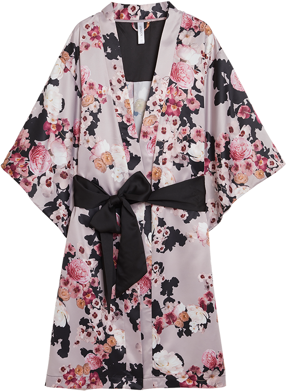 Floral Pattern Kimono With Black Bow PNG