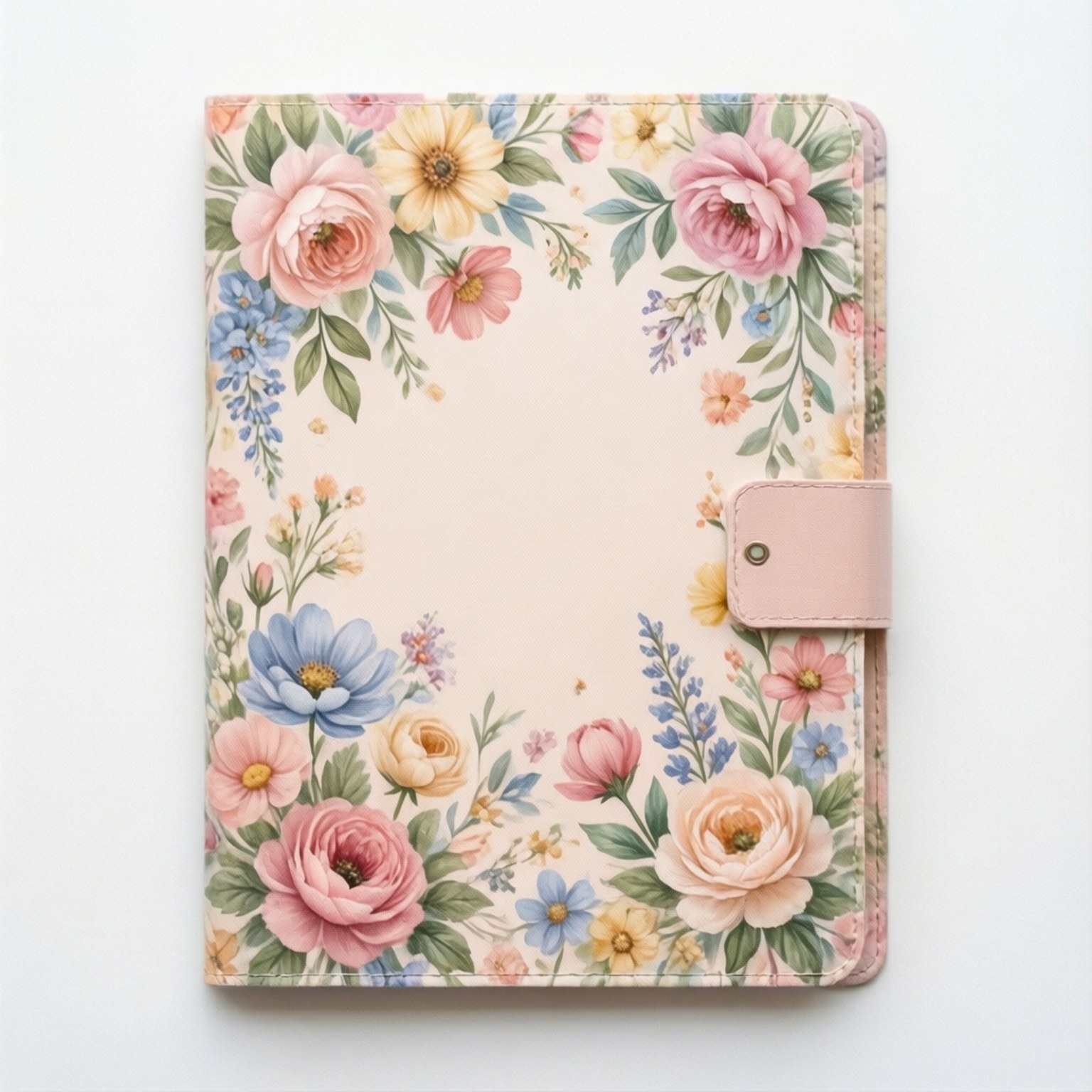 Blomster notatbokomslag med rosa, blå og gule blomster på kremfarget bakgrunn.