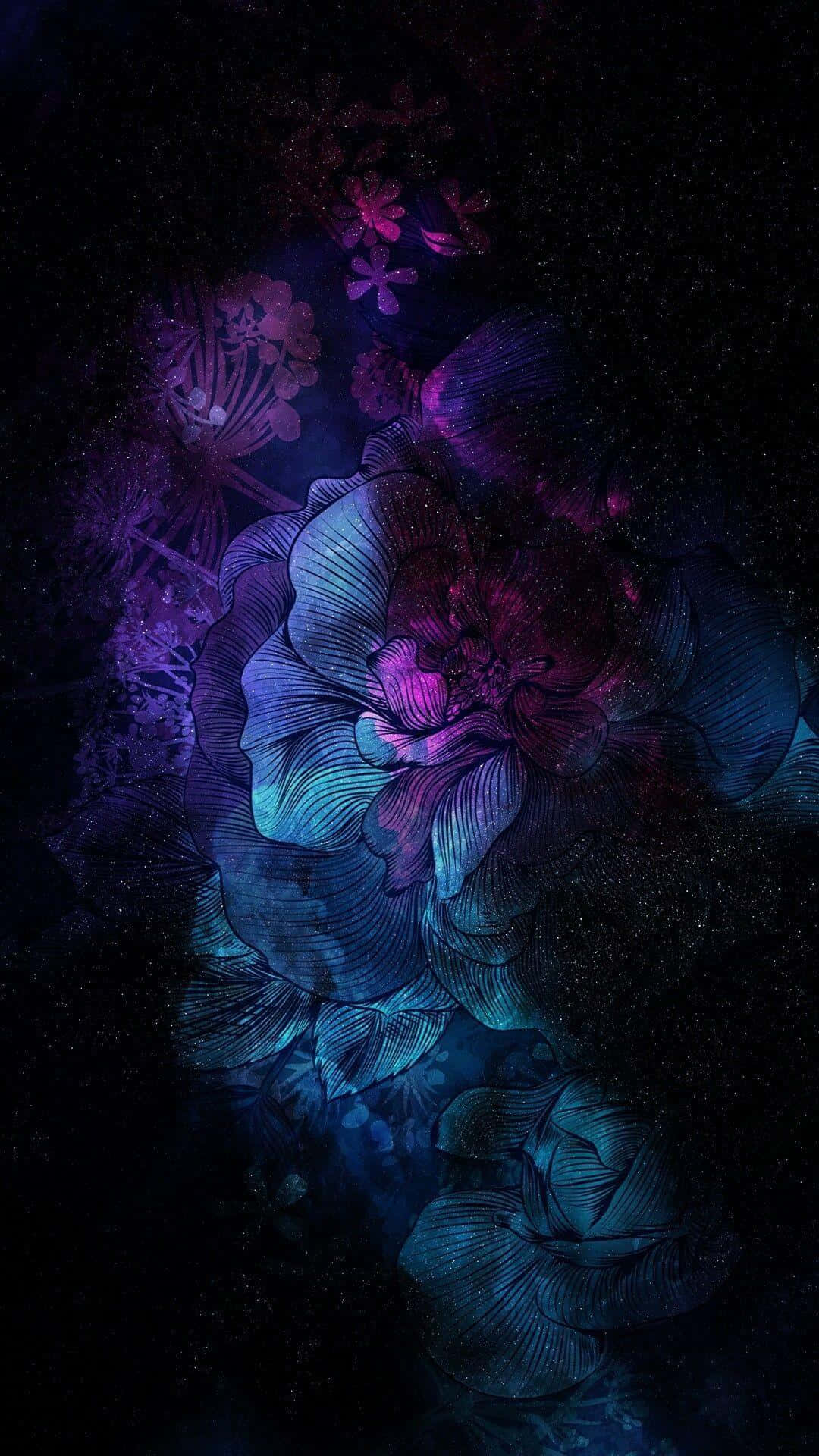 A Dark Background With Blue And Purple Flowers