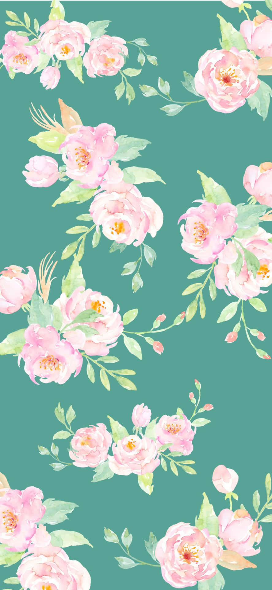 A Watercolor Floral Pattern With Pink Flowers On A Teal Background
