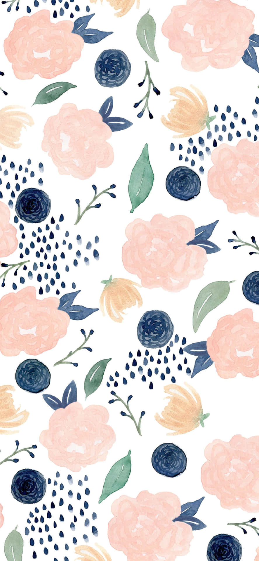 A Watercolor Floral Pattern With Blue Leaves And Pink Flowers