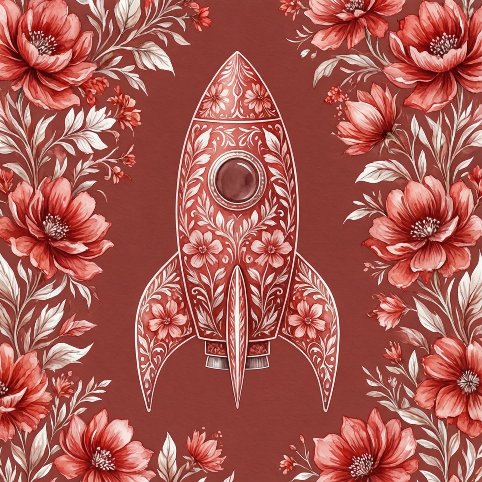 A decorated rocket surrounded by red and white flowers on a red background.