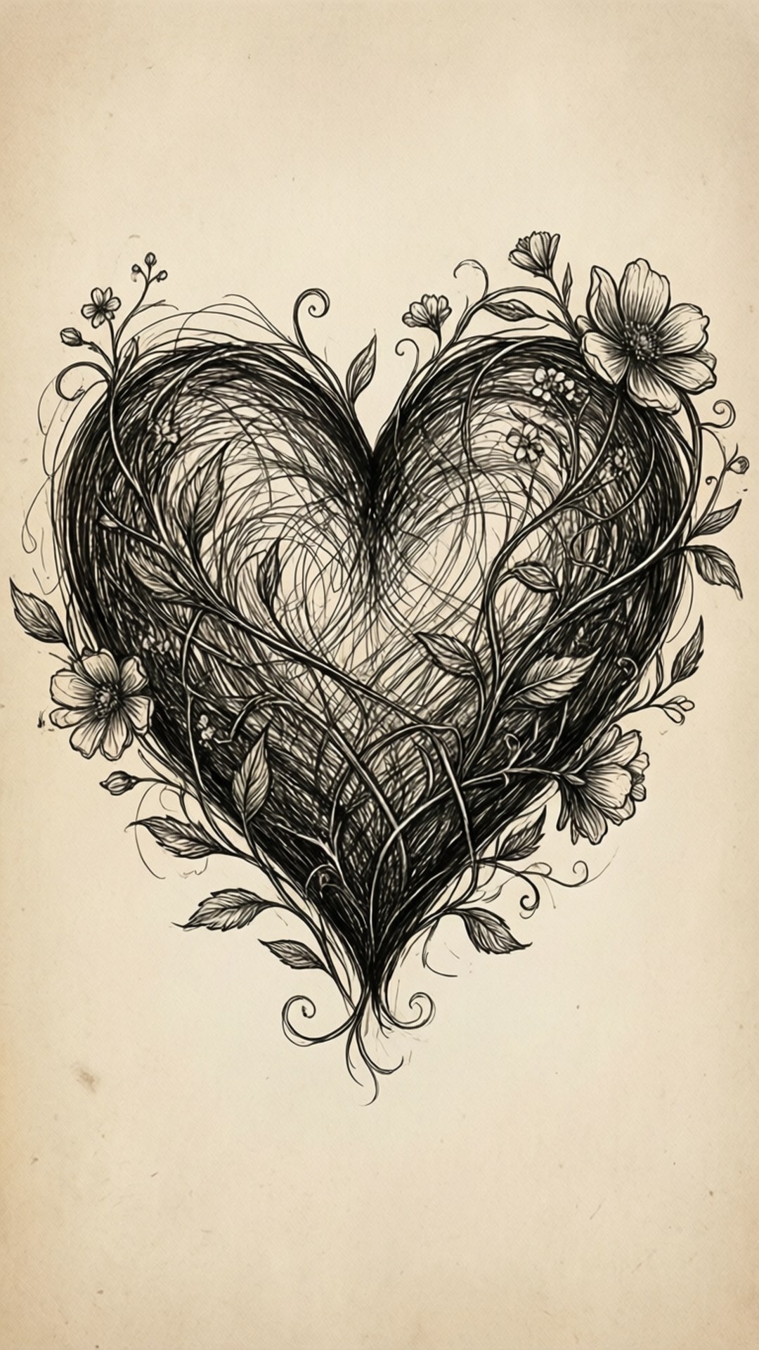 Heart shape decorated with flowers and vines in black ink on vintage paper. wallpaper