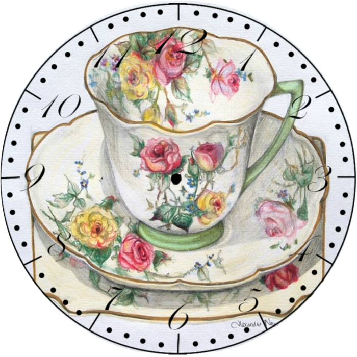 Floral Teacup Clock Illustration PNG