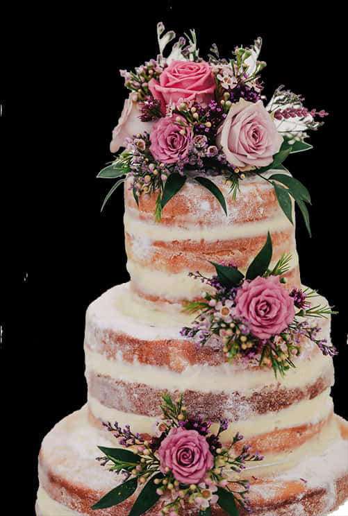 Floral Topped Naked Wedding Cake PNG