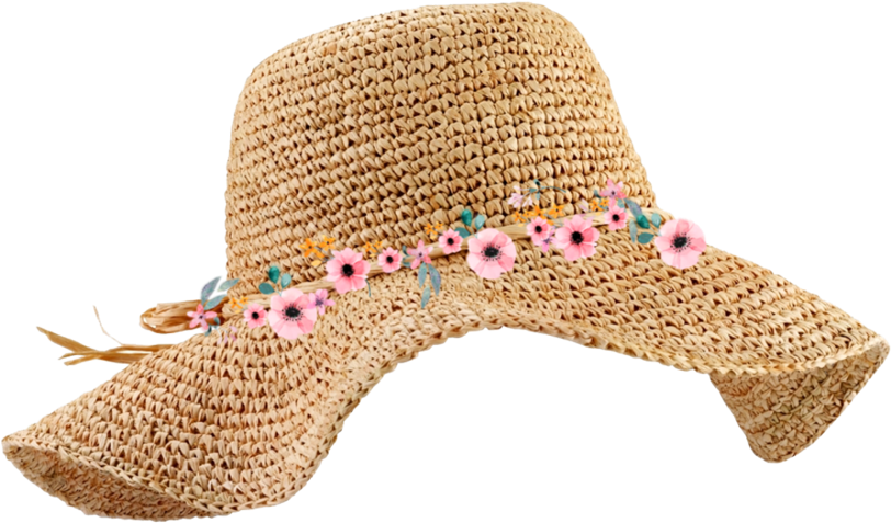 Floral Trimmed Straw Hat PNG