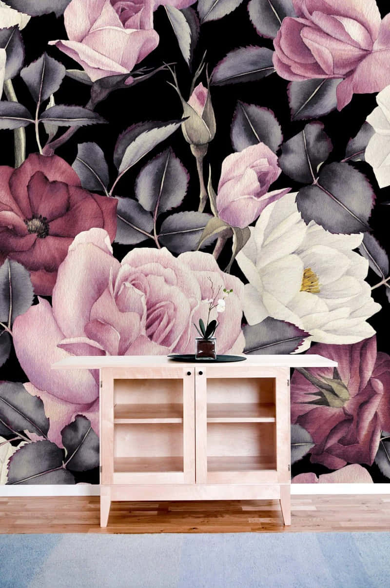 Bloemen Wallpaper Met Houten Kast Achtergrond