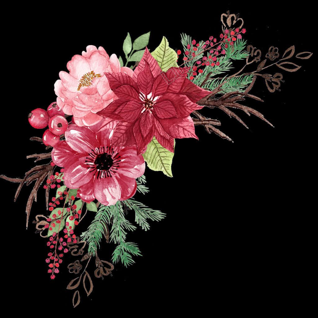 Floral Watercolor Arrangementon Black PNG