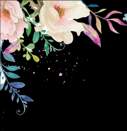 Floral Watercolor On Black Background PNG