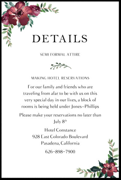 Floral Wedding Details Card PNG