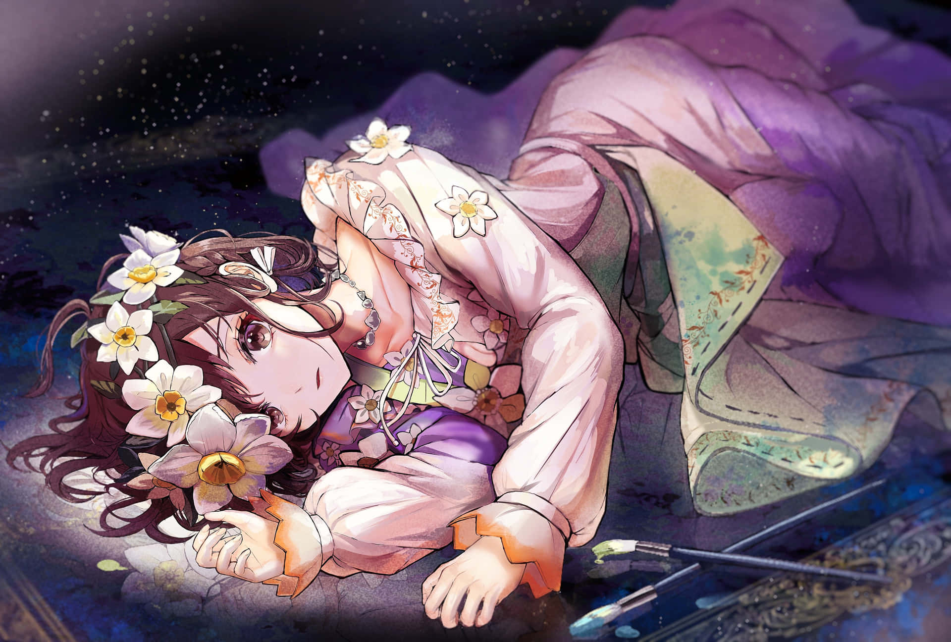 Floral Whispers_ Nighttime Illustration Wallpaper