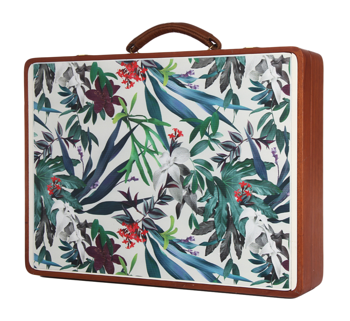 Floral Wooden Suitcase Design PNG