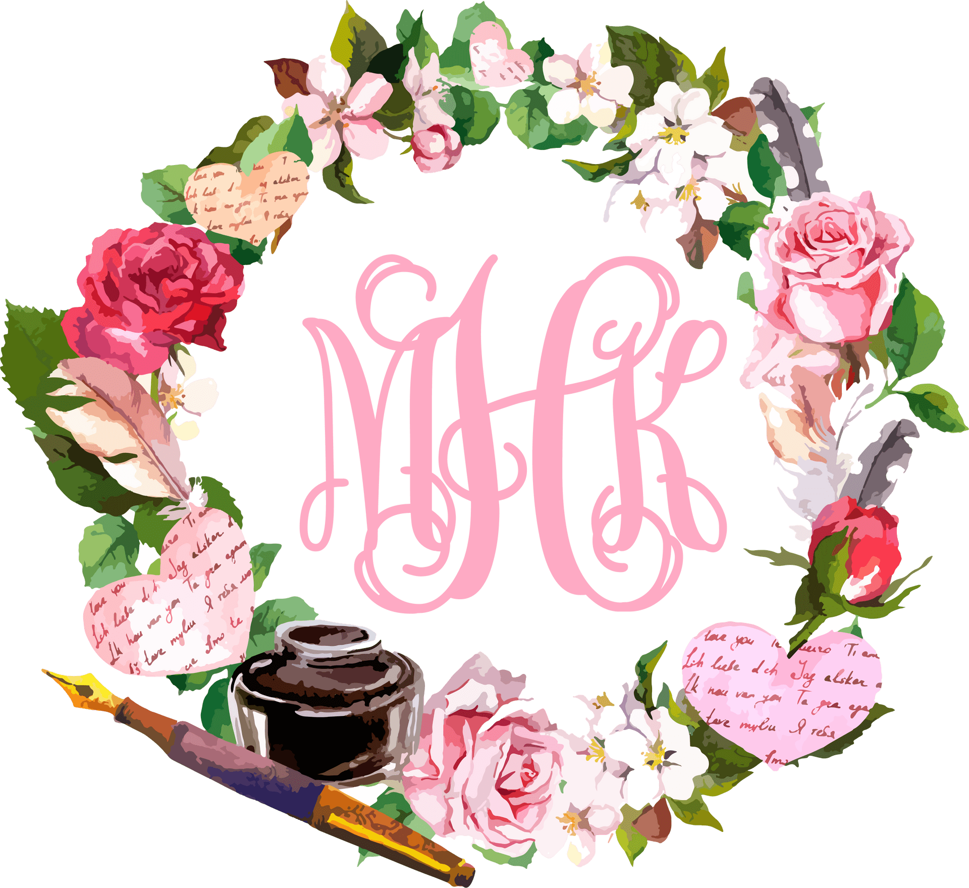 Floral_ Wreath_with_ Monogram_and_ Inkwell PNG