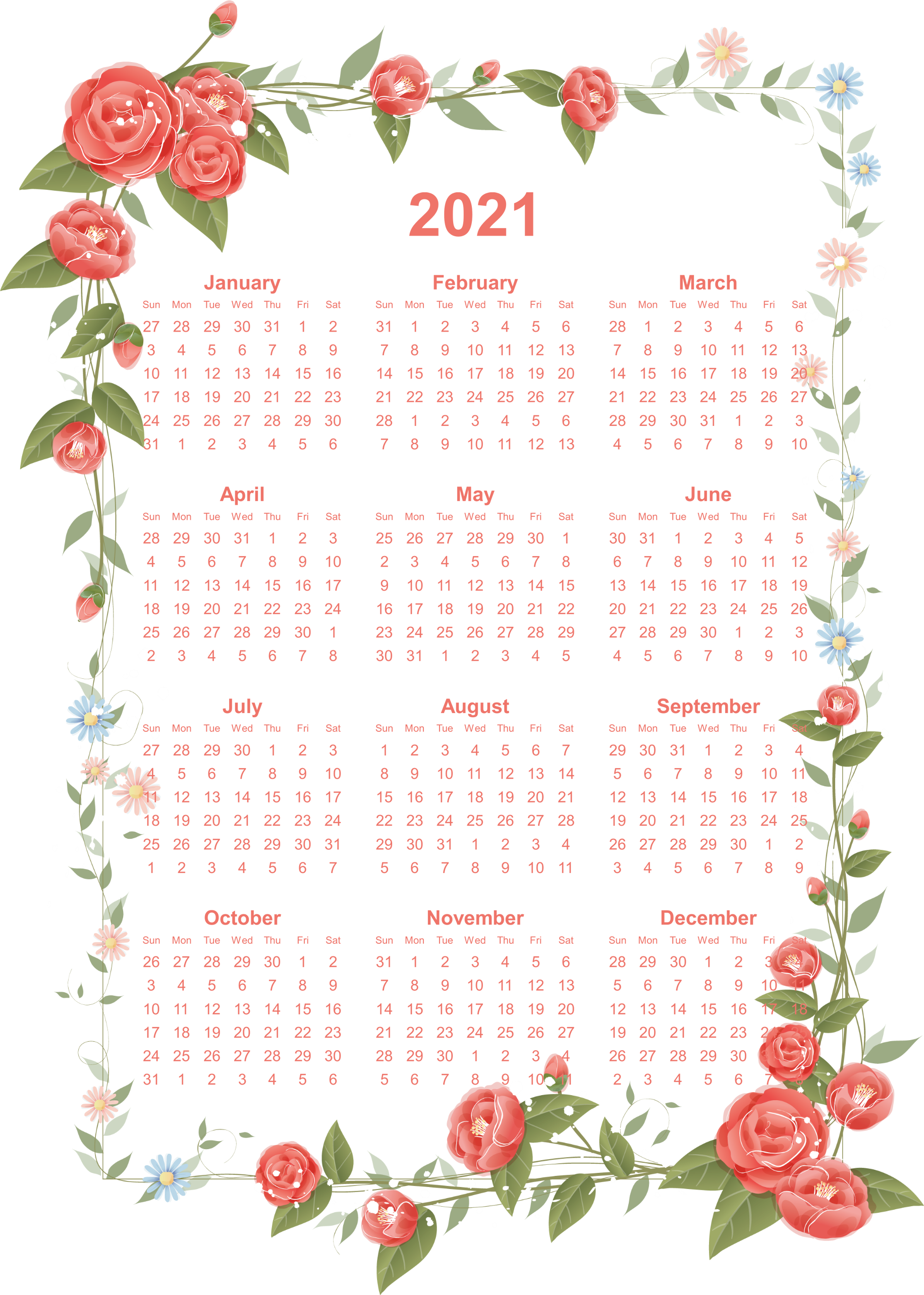 Floral2021 Yearly Calendar Design PNG