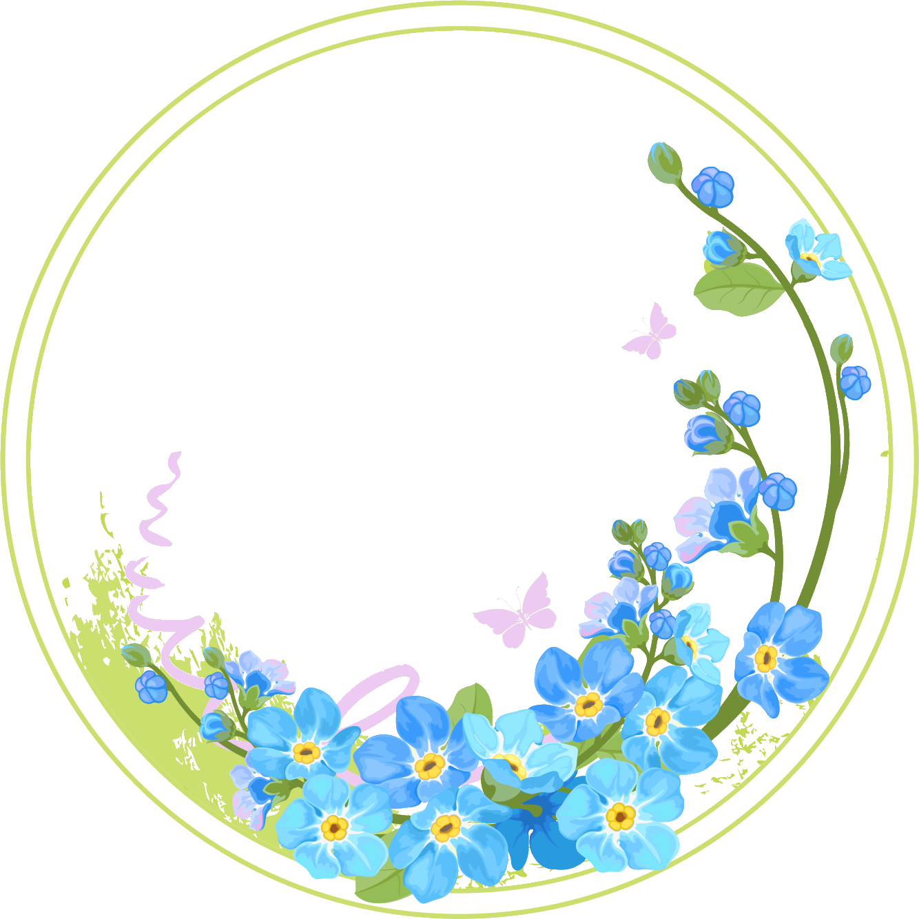 Floral_ Frame_with_ Blue_ Flowers_and_ Butterflies_ Vector PNG