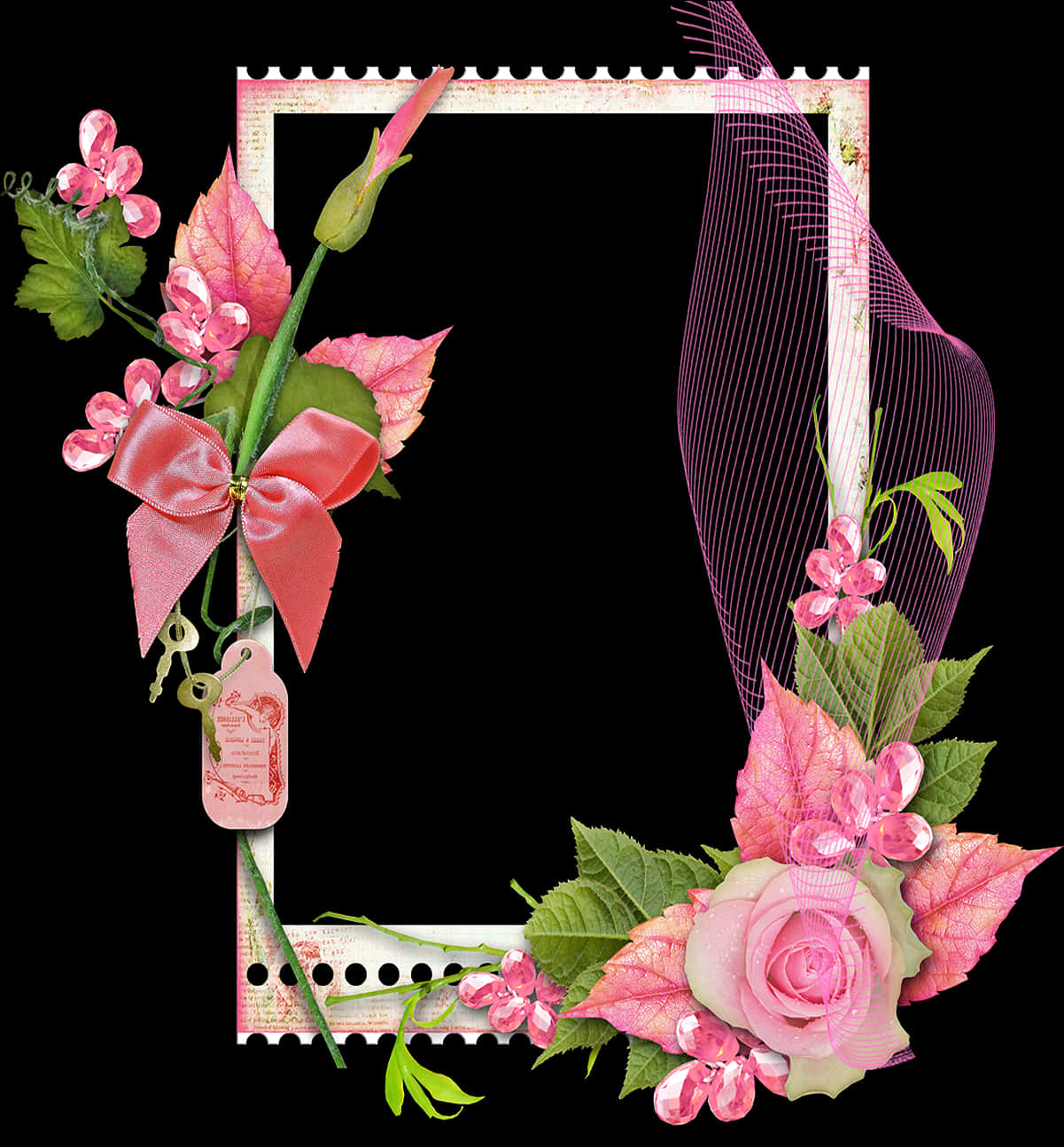 Floral_ Frame_with_ Pink_ Ribbon_and_ Rose PNG