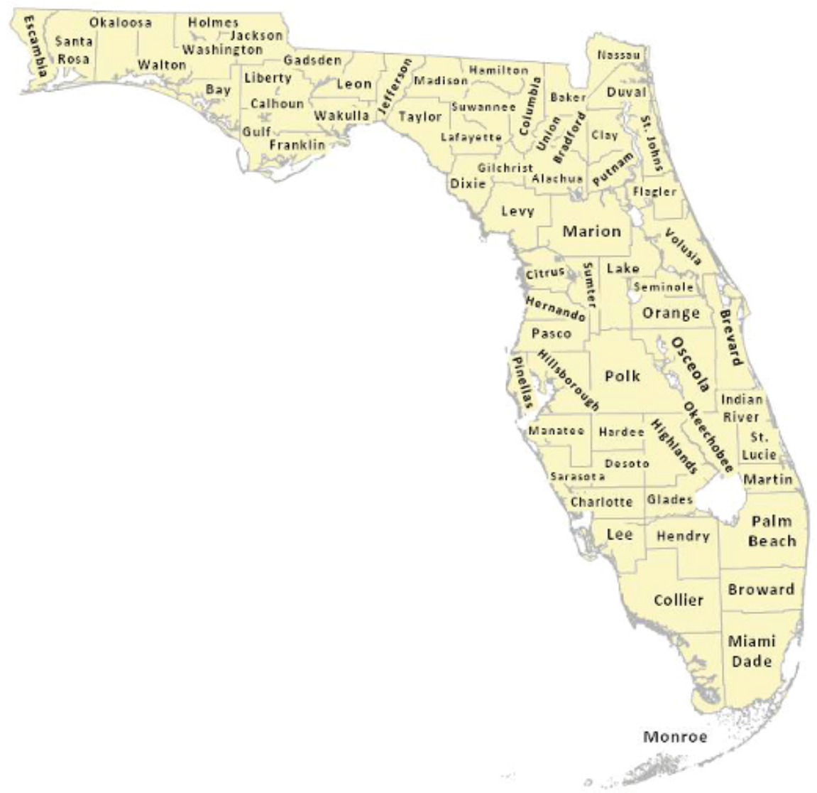 Florida Counties Map Yellow PNG