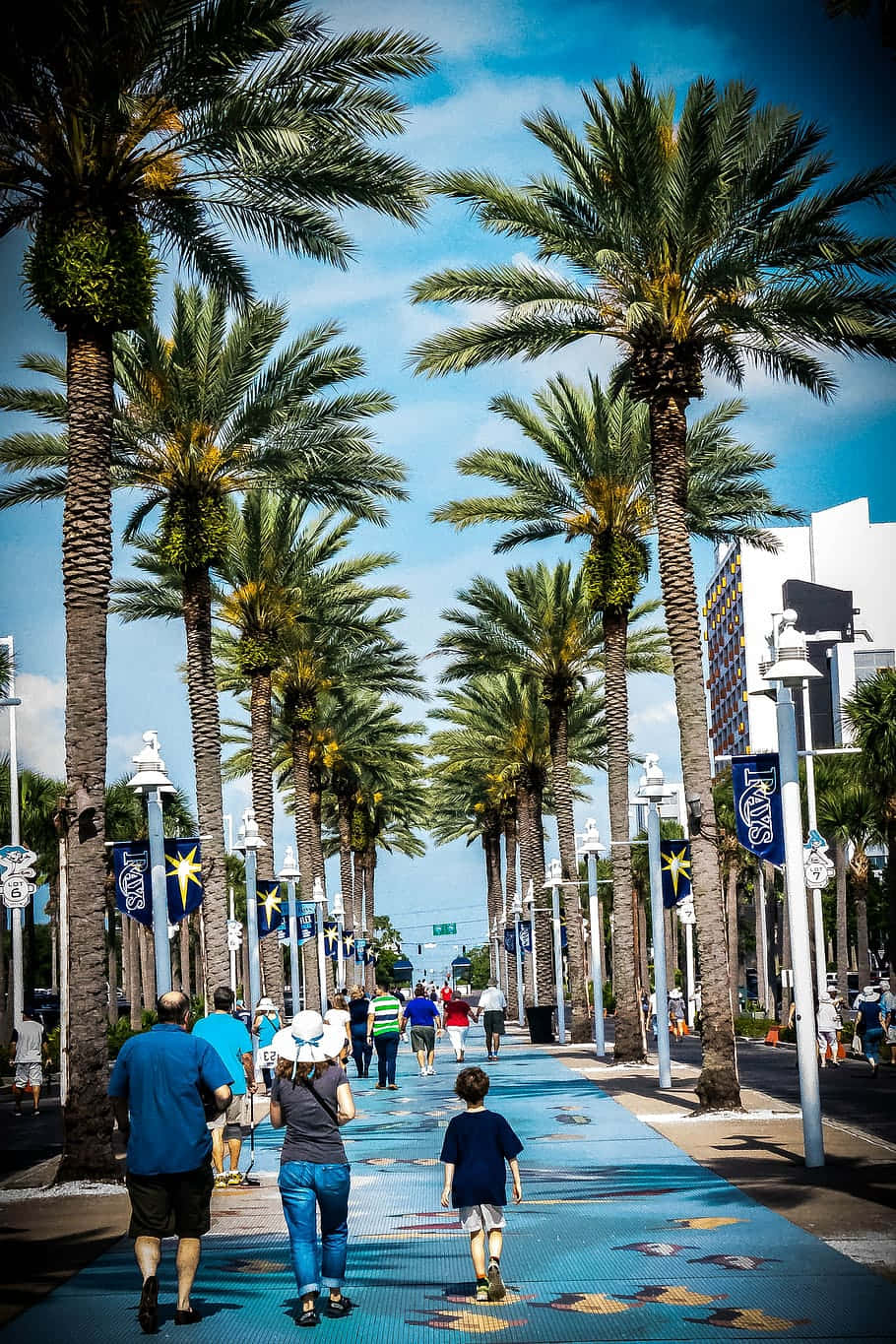 A Sidewalk With Palm Trees And People Walking