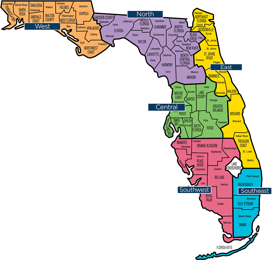 Florida Regional Map Color Coded PNG