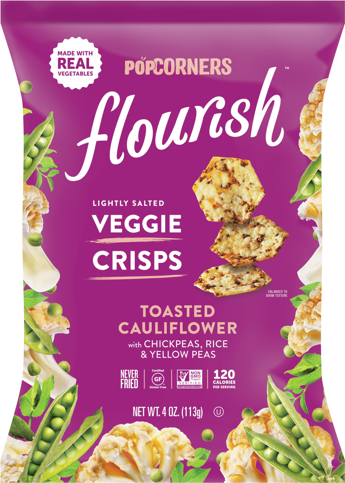 Flourish Veggie Crisps Cauliflower Packaging PNG