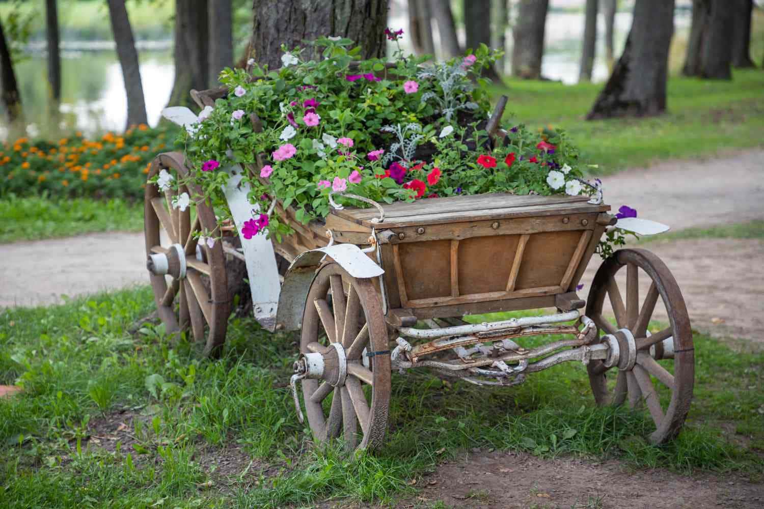 A colorful, vintage flower cart brimming with fresh flowers Wallpaper