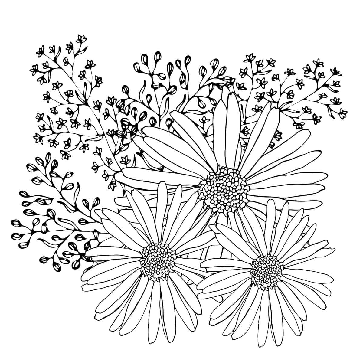 A Black And White Drawing Of Flowers And Leaves