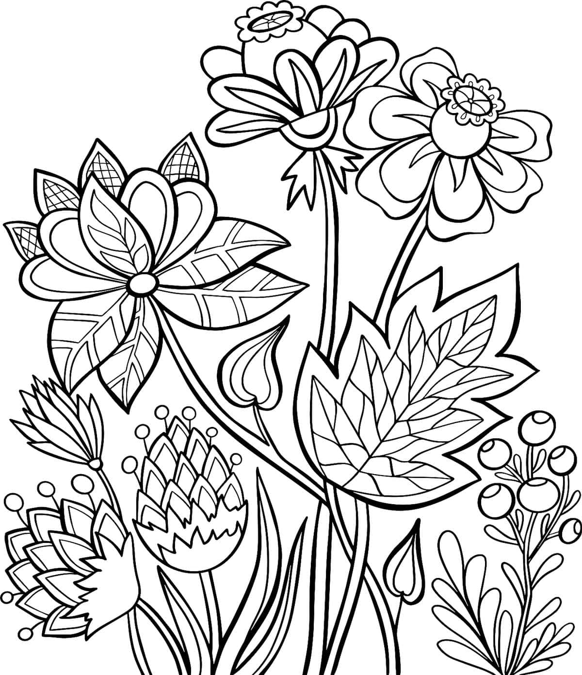 A Coloring Page With Flowers And Leaves