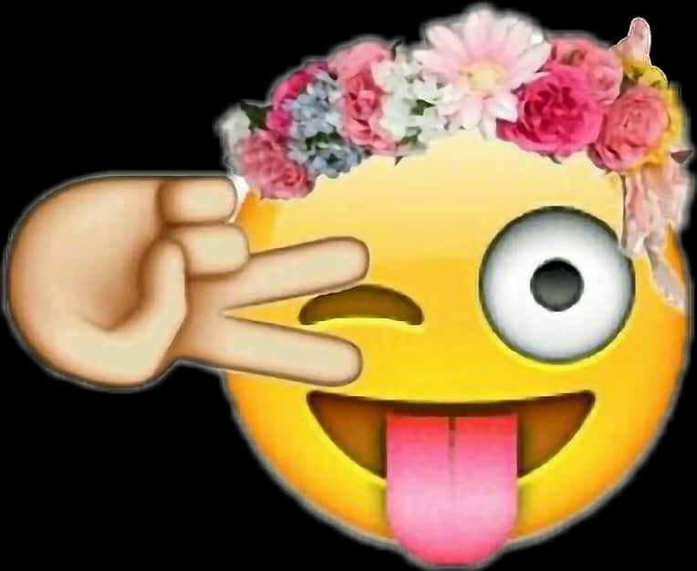 Flower Crown Winking Emoji Peace Sign PNG