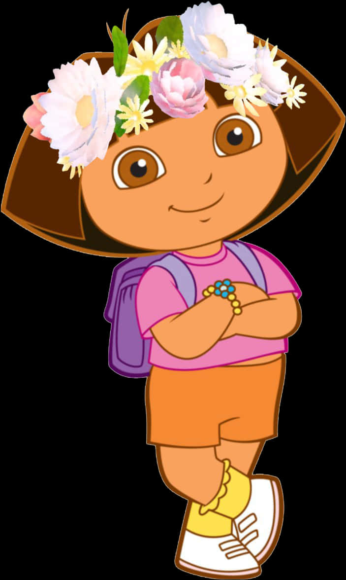 Flower Crowned Character With Backpack PNG