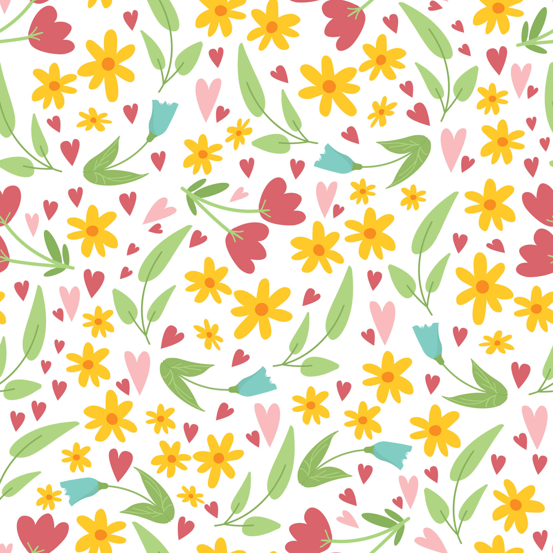 Vibrant Flower Design with Colorful Hearts Wallpaper