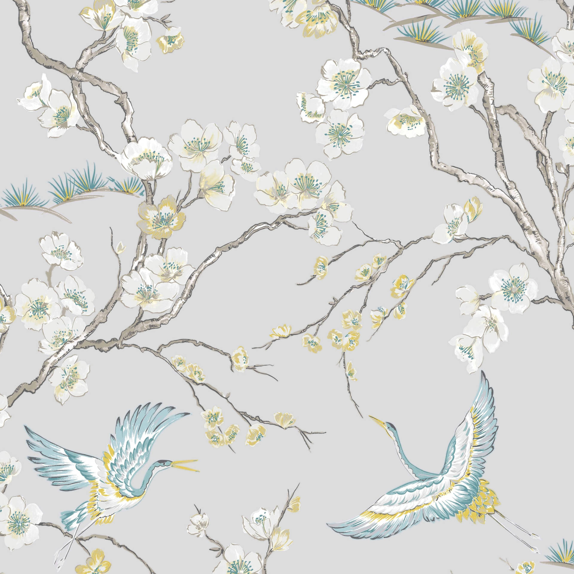 Flower Design And Crane Birds Wallpaper