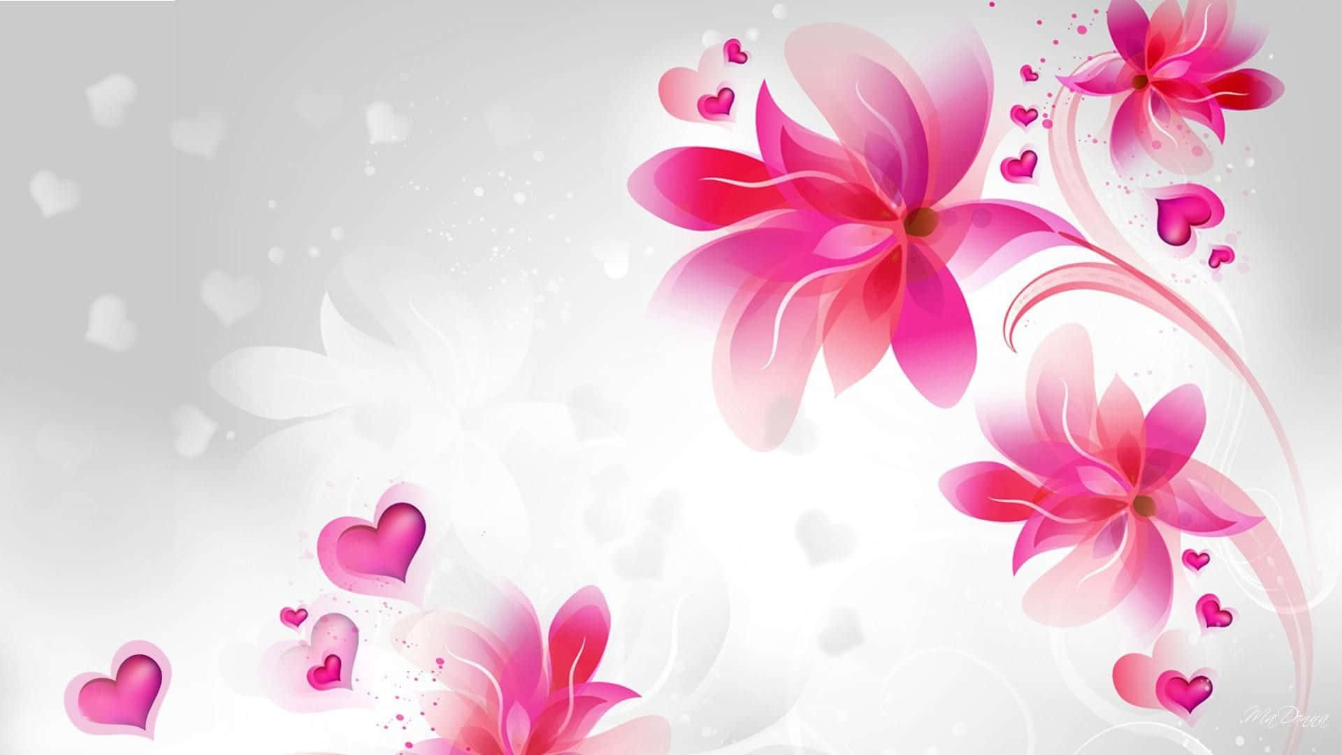 Pink Flowers With Hearts On A White Background