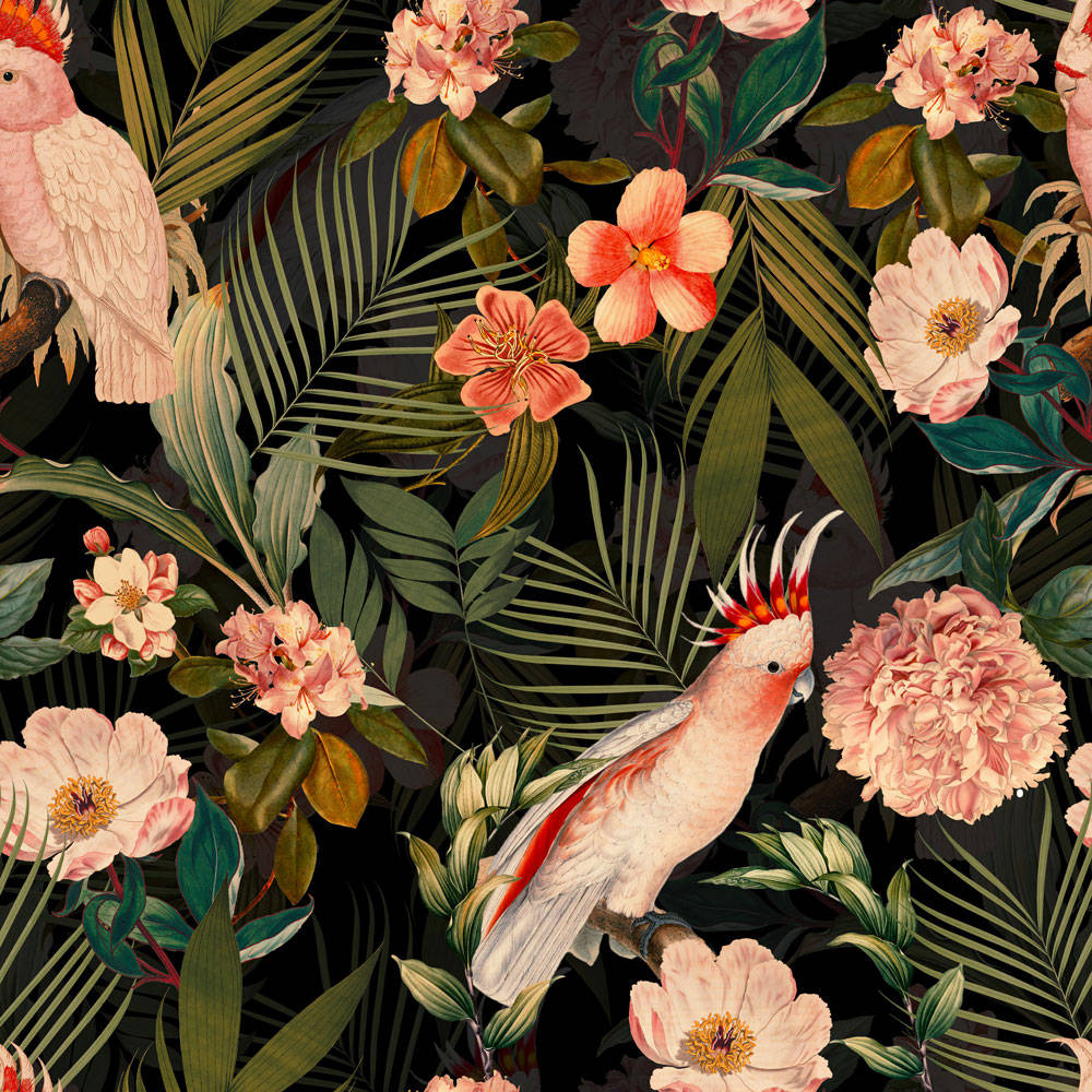 Flower Design With Pink Cockatoo Bird Wallpaper