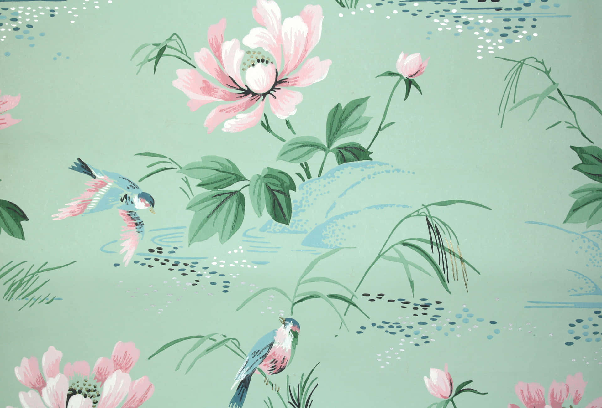 Et grønt tapet med rosa blomster og fugle Wallpaper