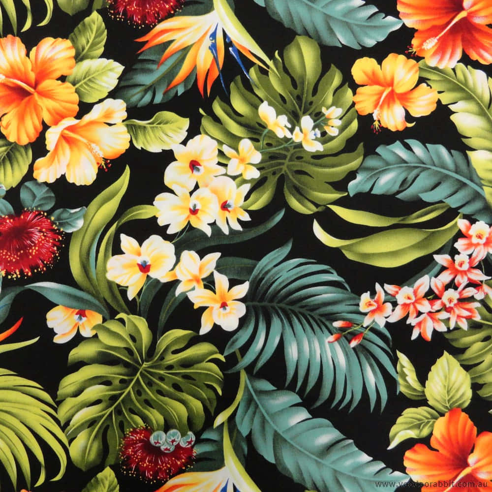 A Black Fabric With Tropical Flowers And Leaves Wallpaper