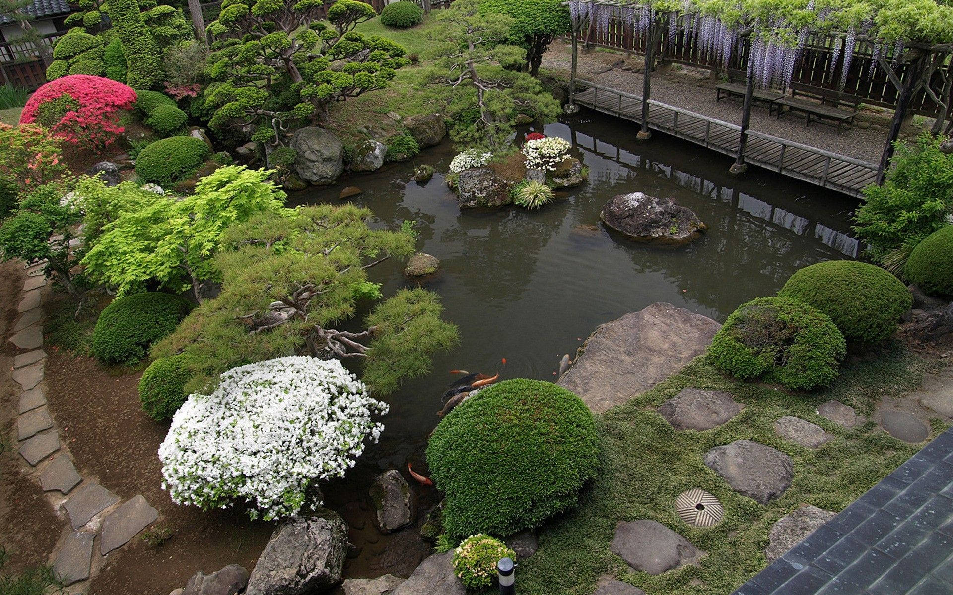 Flower Garden With Pond Wallpaper