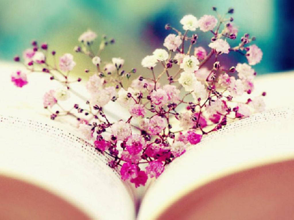 Flowers forming a heart shape on a book wallpaper